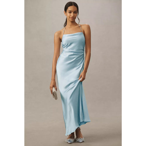 Light blue satin cowl-neck maxi dress with spaghetti straps and draped front