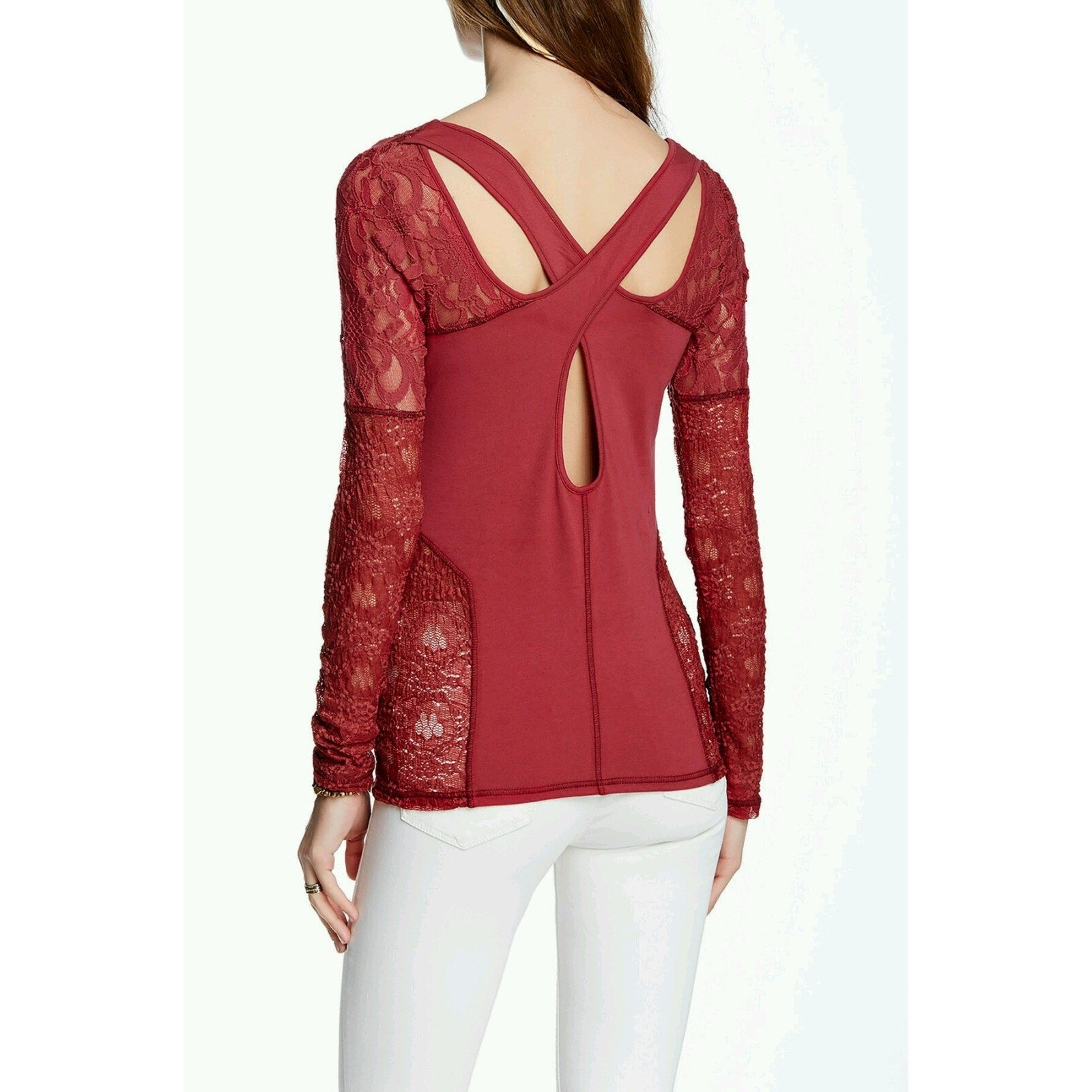 NEW Free People Sweet Thang Blouse Sz S Crisscross Back Sheer Lace Long-Sleeve