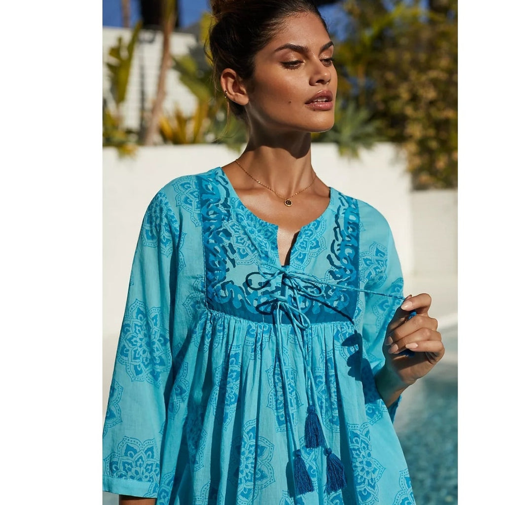 New Anthropologie Ro's Garden Seychelles Tunic Dress $165 X-SMALL Blue Boho