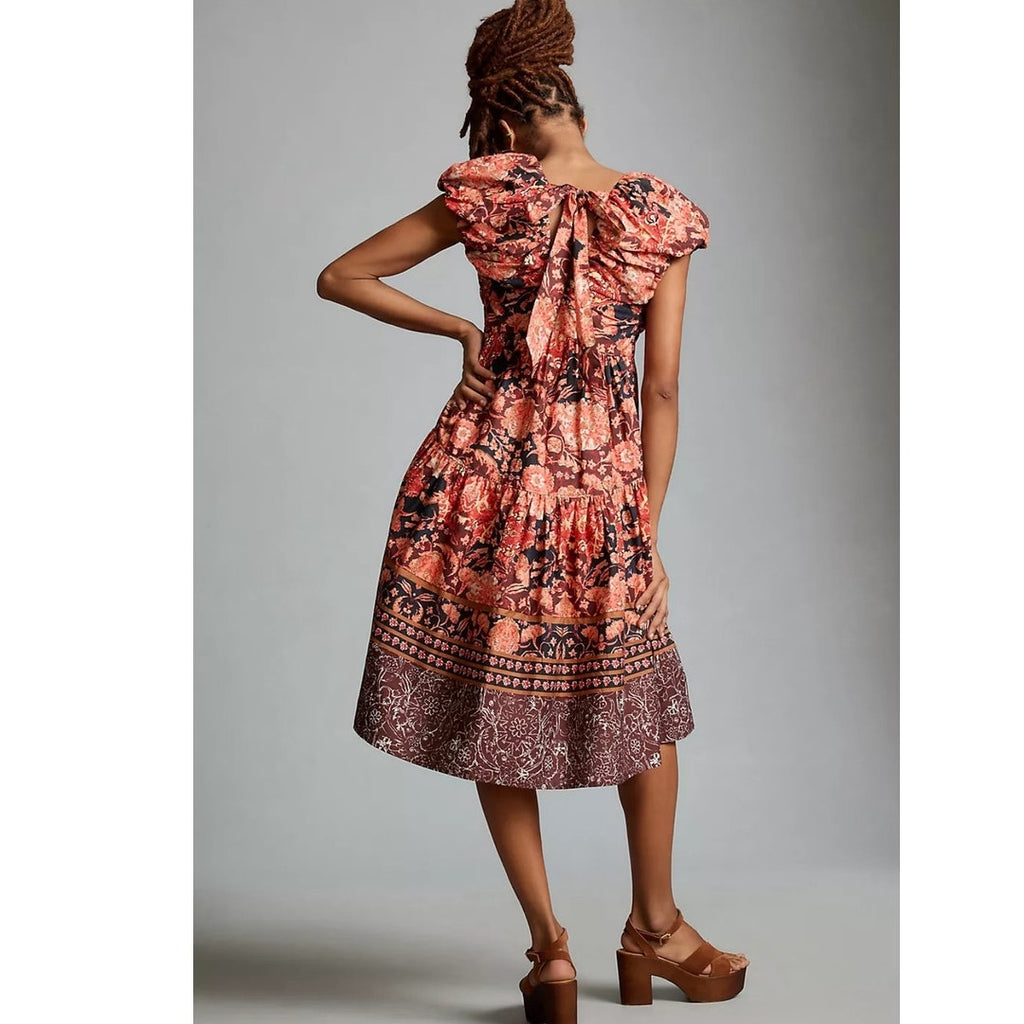 New By Anthropologie Printed V-Neck Babydoll Dress $170 SIZE 6 Red Floral