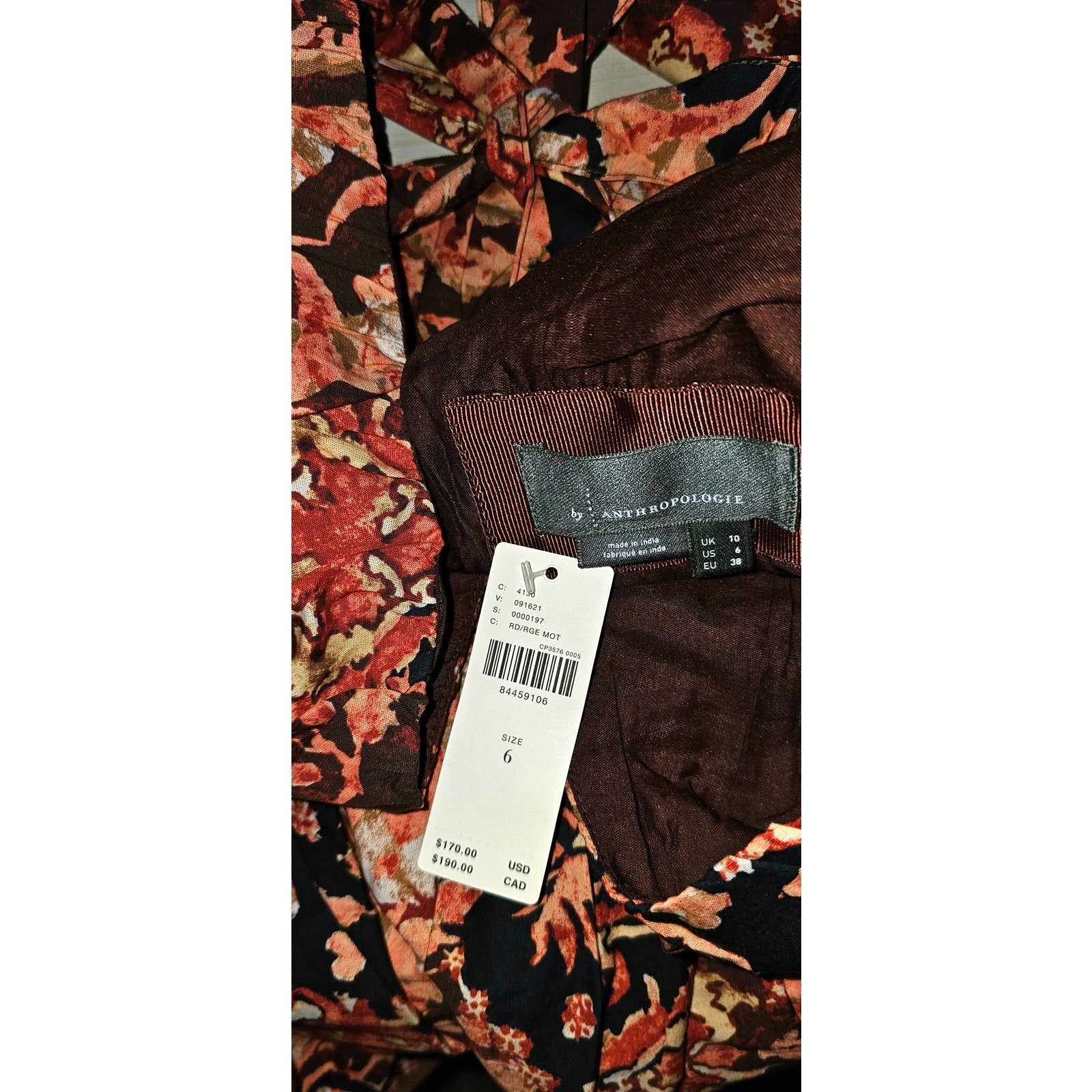 New By Anthropologie Printed V-Neck Babydoll Dress $170 SIZE 6 Red Floral