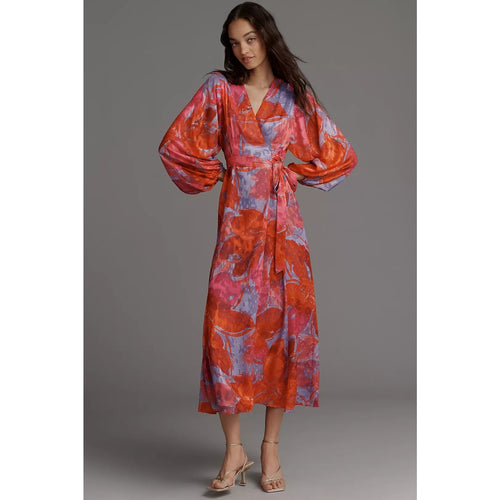 Long-sleeve wrap dress, abstract print, V-neck, tied waist, midi length