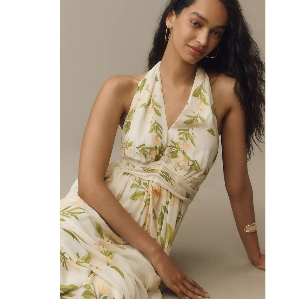 New Farm Rio x Anthropologie V-Neck Floral Chiffon Maxi Dress $258 SMALL Halter