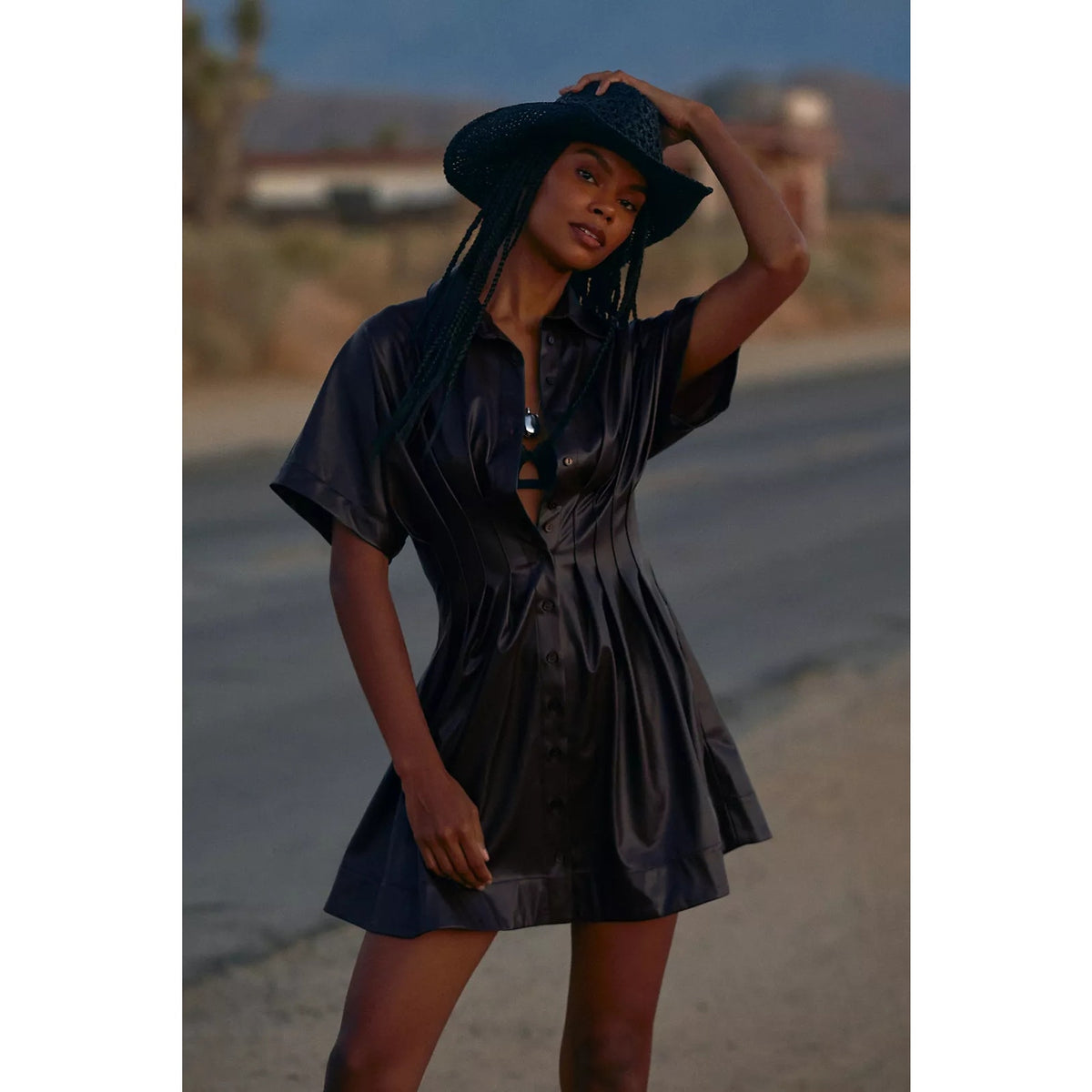 Faux leather mini shirt dress, dark button-front V-neck with short sleeves and flared skirt