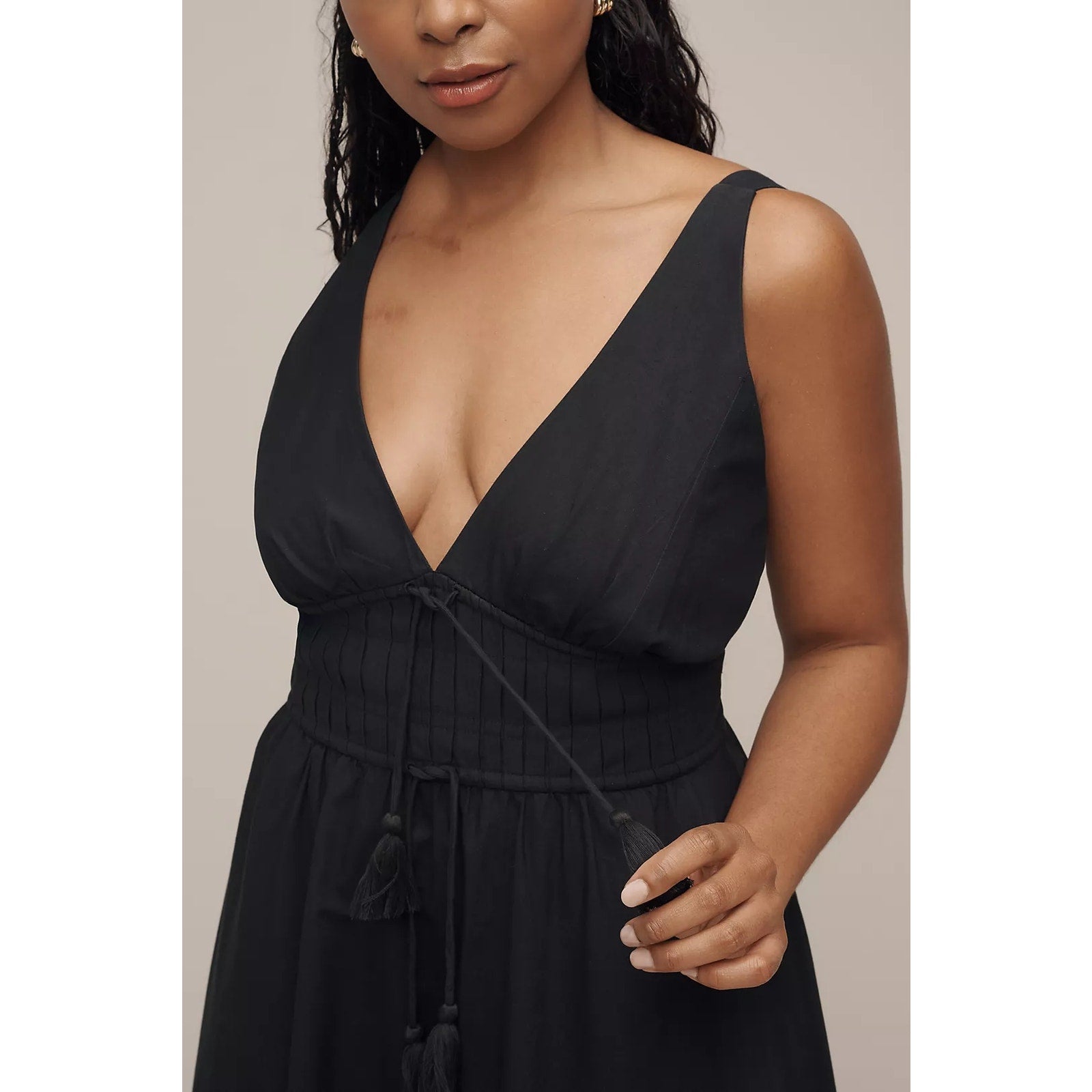 Anthropologie Maeve Sleeveless V-Neck Tie-Waist Midi Dress LARGE Black Anthropologie