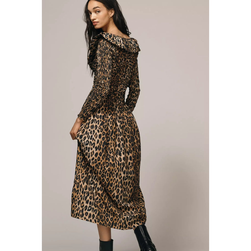 Anthropologie Damson Madder Harper Shirred Midi Dress SIZE 4 Leopard Anthropologie