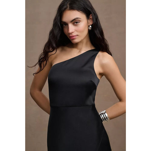 Black one-shoulder satin gown bodice with smooth drape and straight skirt
