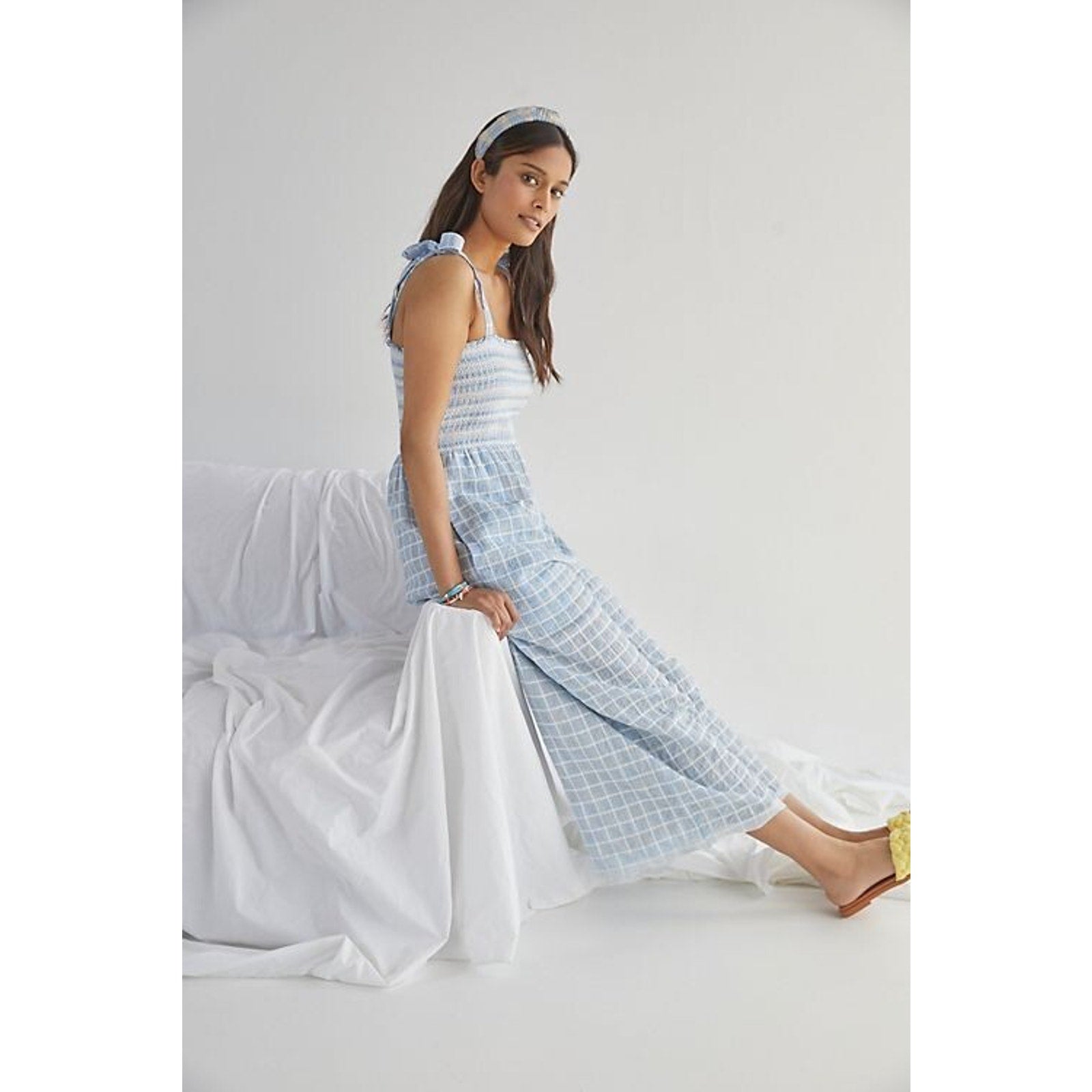 New Anthropologie by Plenty Plaid Scalloped Smocked Wide-Leg Jumpsuit Size LP
