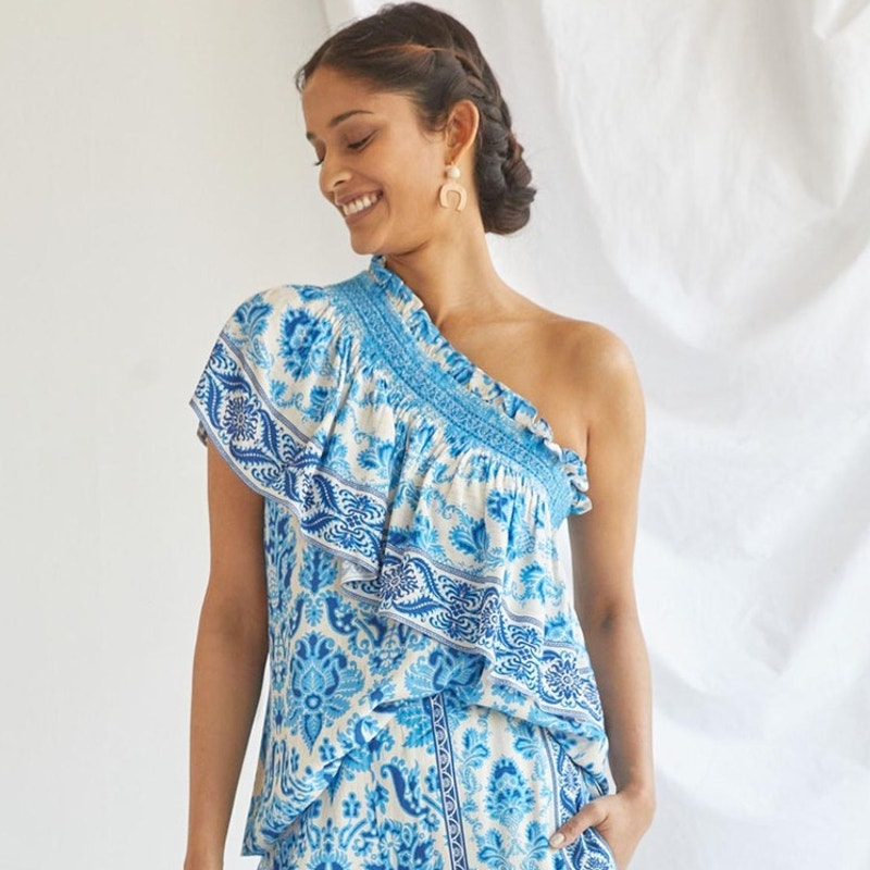 New Anthropologie Plenty by Tracy Reese Ruffled One-Shoulder Blouse $138 PLUS 1X  Blue