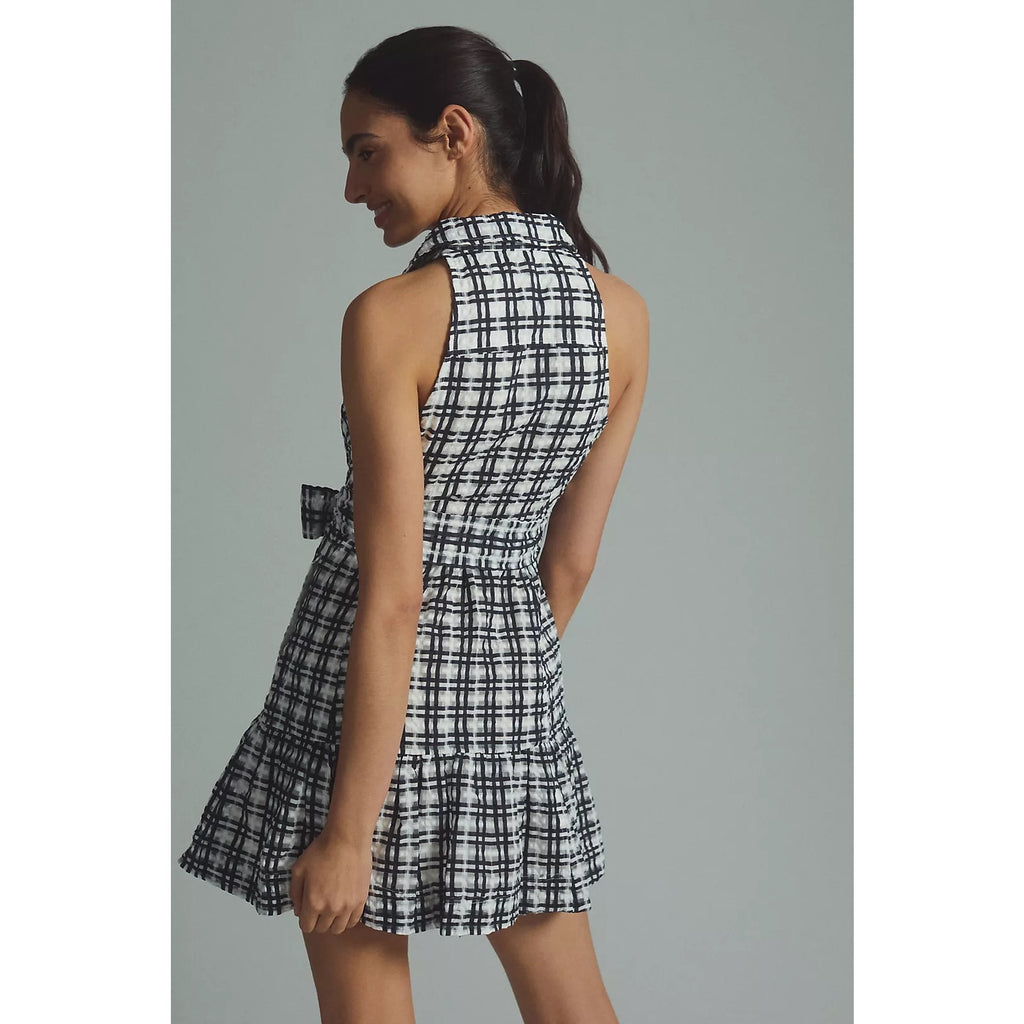 New Anthropologie Maeve Plaid Mini Shirt Dress $170 SIZE 4 Black & White BELTED