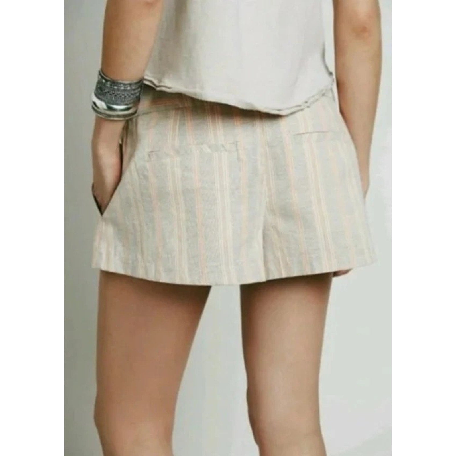 New Free People Austin Striped Linen Blend Shorts $88 Size Small Orange Coral