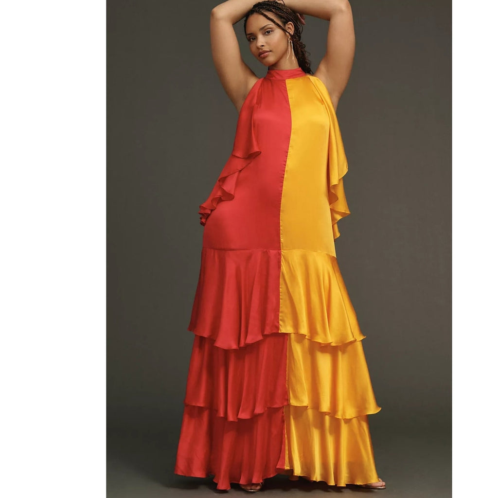 New Anthropologie x Pinnacle by Shruti Mock-Neck Colorblock Ruffle Dress $248 XS