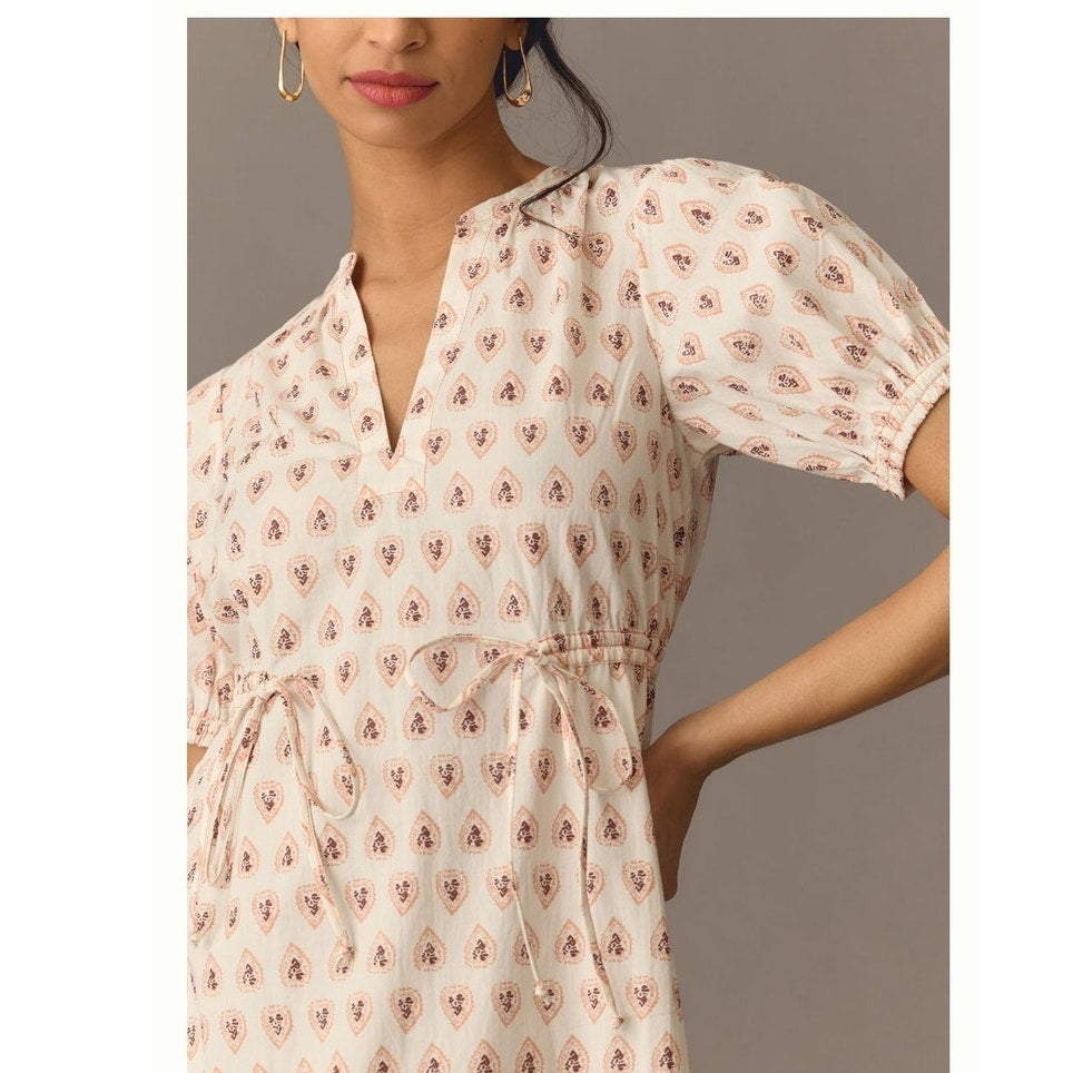 New By Anthropologie Printed Puff-Sleeve Dress $160 X-SMALL Neutral Motif