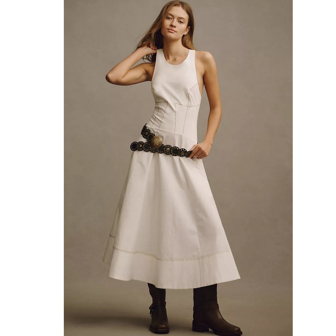 Anthropologie The Kenzie Drop-Waist Midi Dress $178 XL White Smocked Back