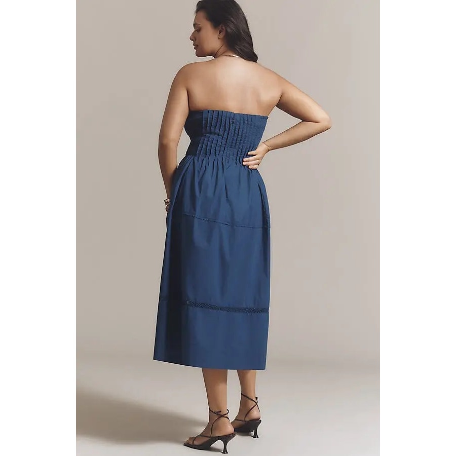 New Anthropologie Cotton Poplin Strapless Midi Dress $168 X-LARGE Navy Smocked