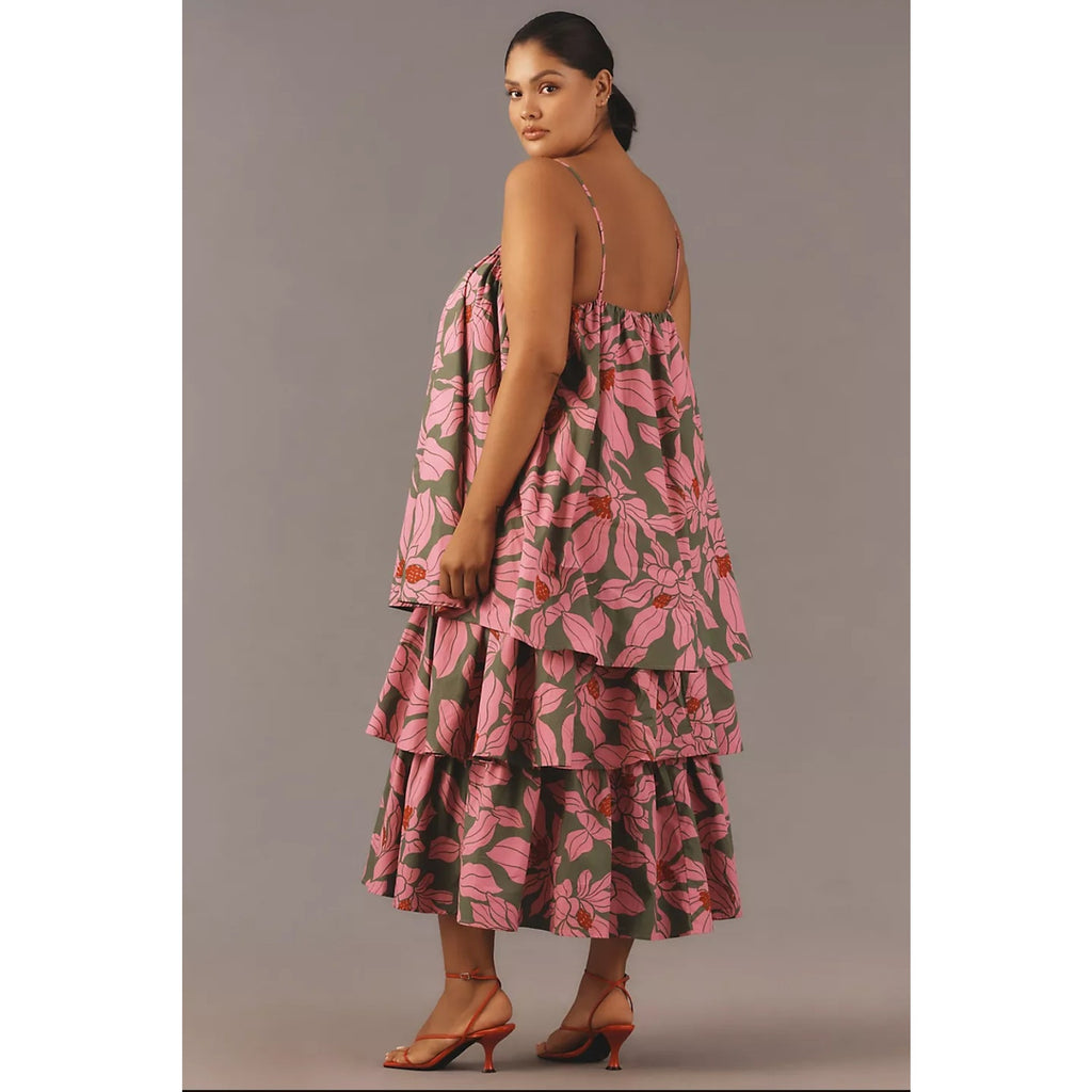 Anthropologie Corey Lynn Calter Tie-Shoulder Tiered Midi Dress $268 PLUS 1X