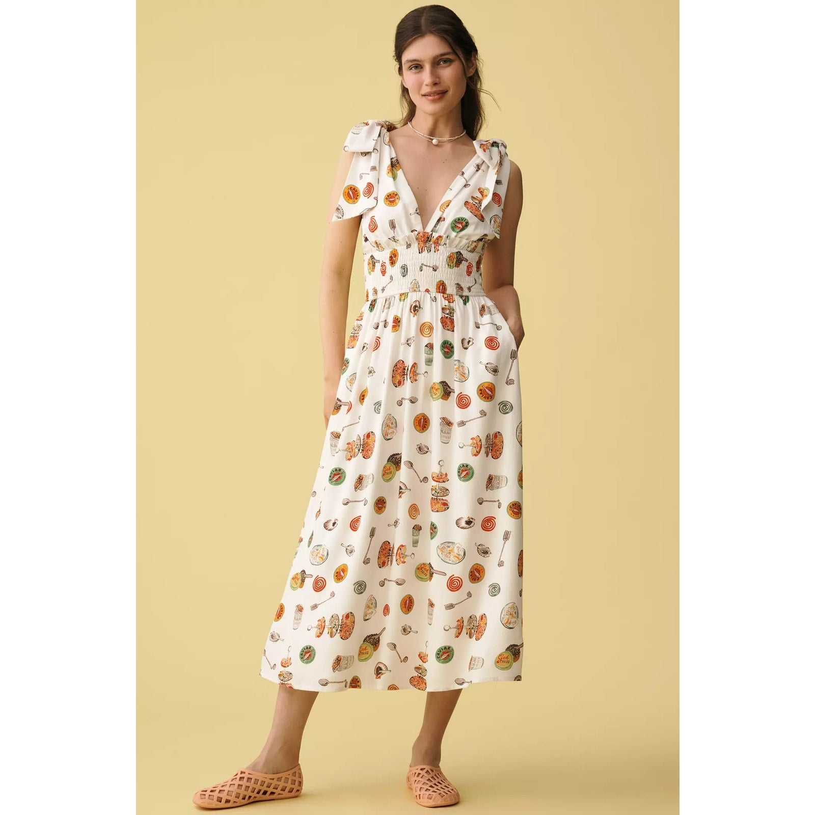 Anthropologie Lisa Says Gah Monroe Linen-Cotton V-Neck Midi Dress Small Anthropologie