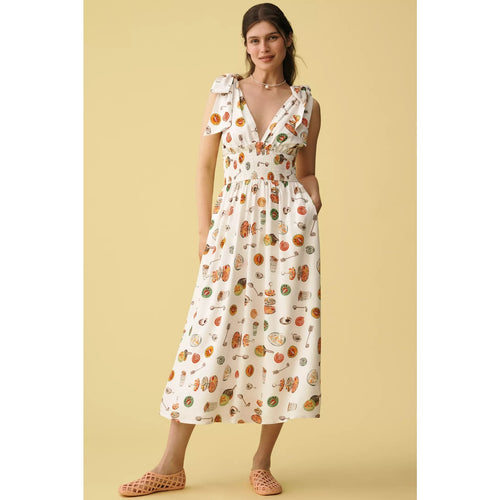 Linen-cotton V-neck midi dress, cream with colorful cartoon prints, puff sleeves