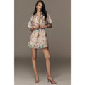 Pastel watercolor organza mini shirt dress, short sleeves, button front, tied waist