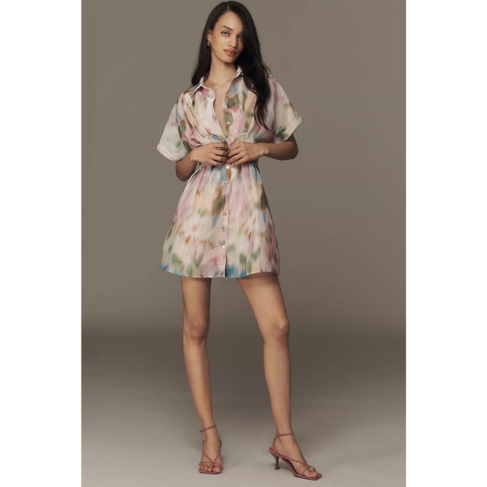 Pastel watercolor organza mini shirt dress, short sleeves, button front, tied waist