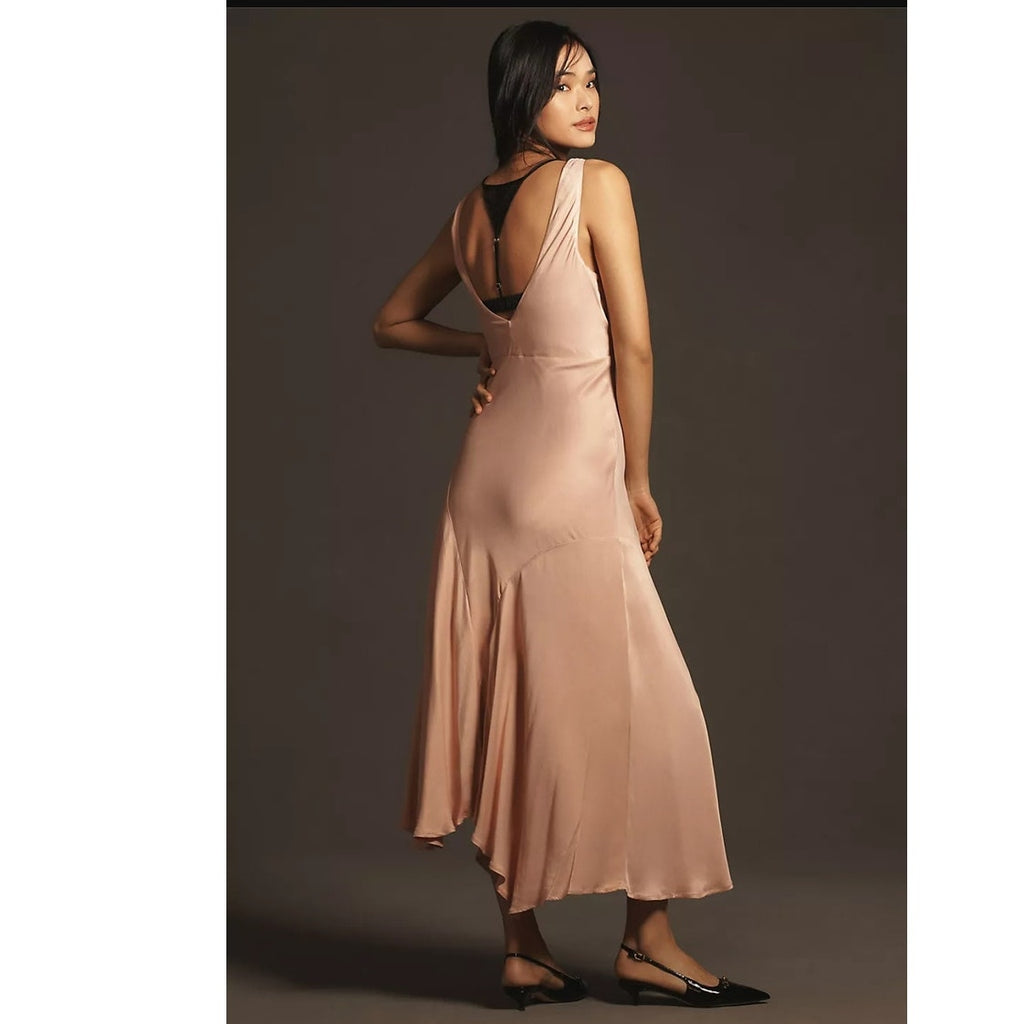 New By Anthropologie Cowl-Neck Asymmetrical Twofer Slip Dress $178 XS Pink