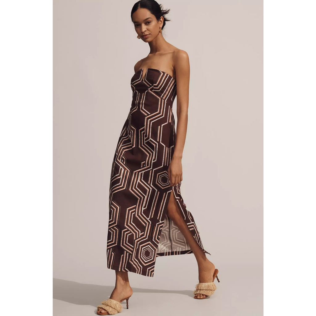 Anthropologie Strapless Linen Plunge-Neck Midi Dress $178 Size 16 Brown