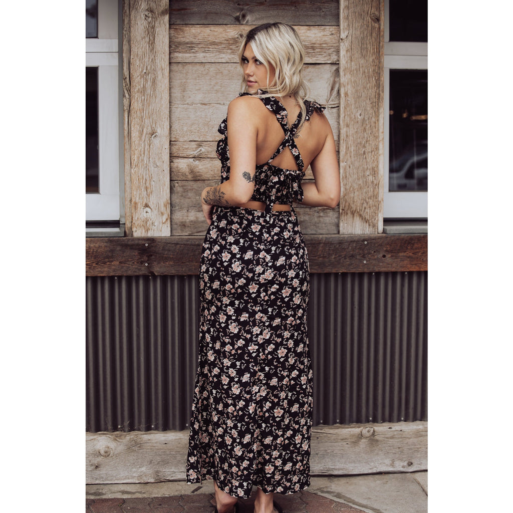 Free People Bijou Smocked Top and Maxi Skirt Set Sz 4 Black Floral Boho Free People