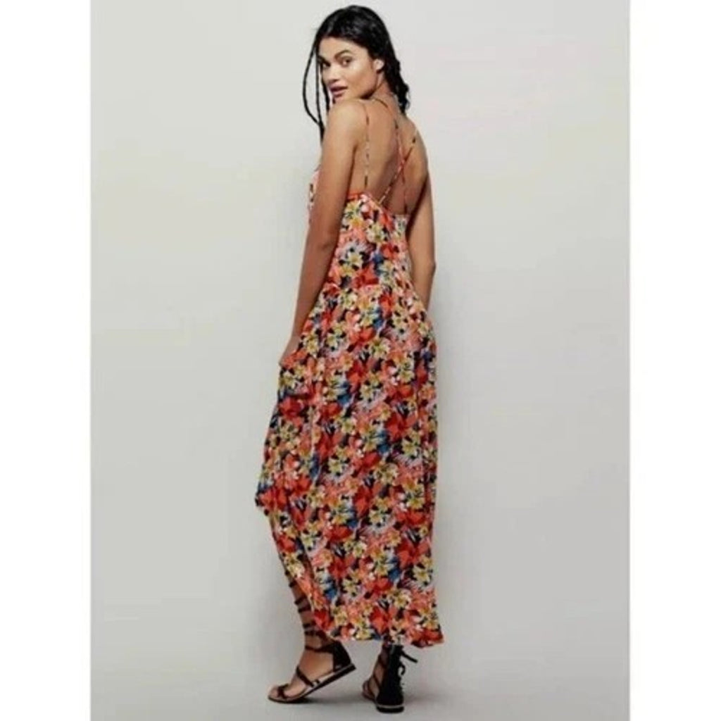 New Free People Mulberry Strappy Keyhole Floral Maxi Dress Size Small Boho Coral
