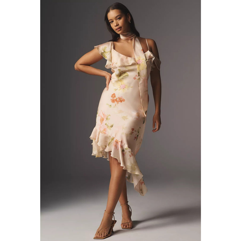 Anthropologie Asymmetric Scarf Slip Dress PLUS 1X Neutral Floral Motif Anthropologie