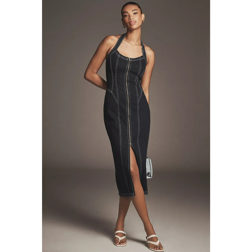 Anthropologie Pilcro Front-Zip Halter Denim Midi Dress MEDIUM Dark Blue Anthropologie