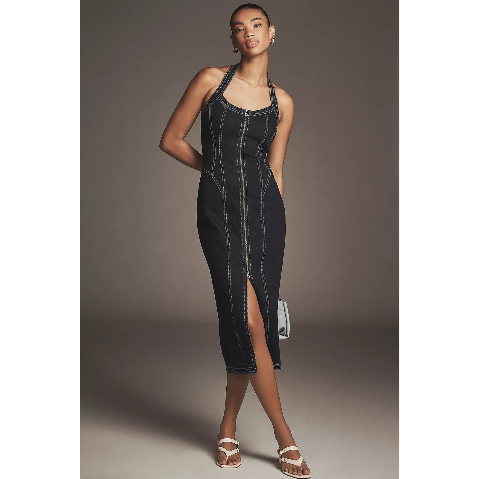 Anthropologie Pilcro Front-Zip Halter Denim Midi Dress MEDIUM Dark Blue Anthropologie