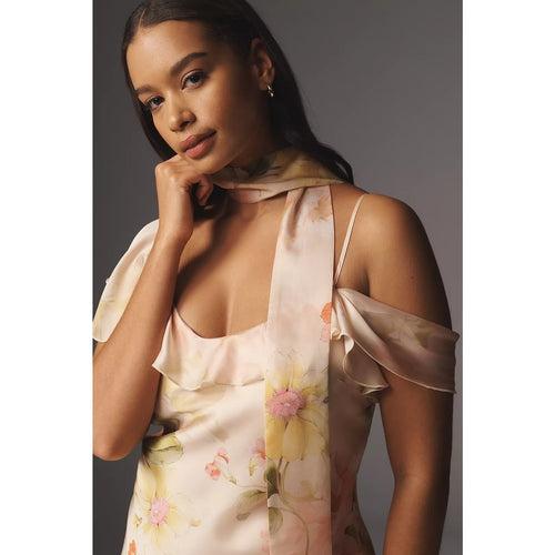 Anthropologie Asymmetric Scarf Slip Dress PLUS 1X Neutral Floral Motif Anthropologie