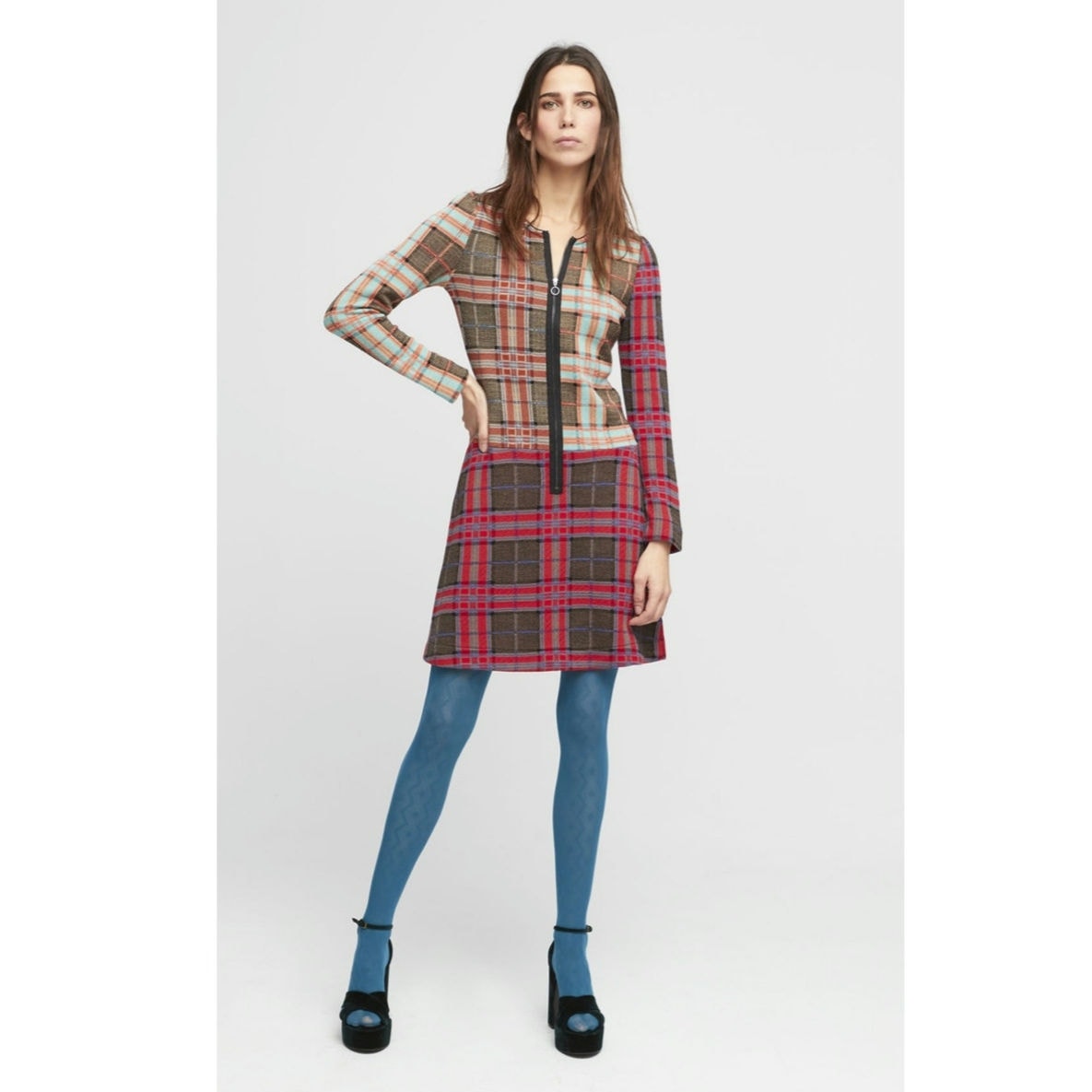 New Aldo Martins Orly Knit Mini Dress $250 SMALL Plaid Check Zip Long-Sleeve