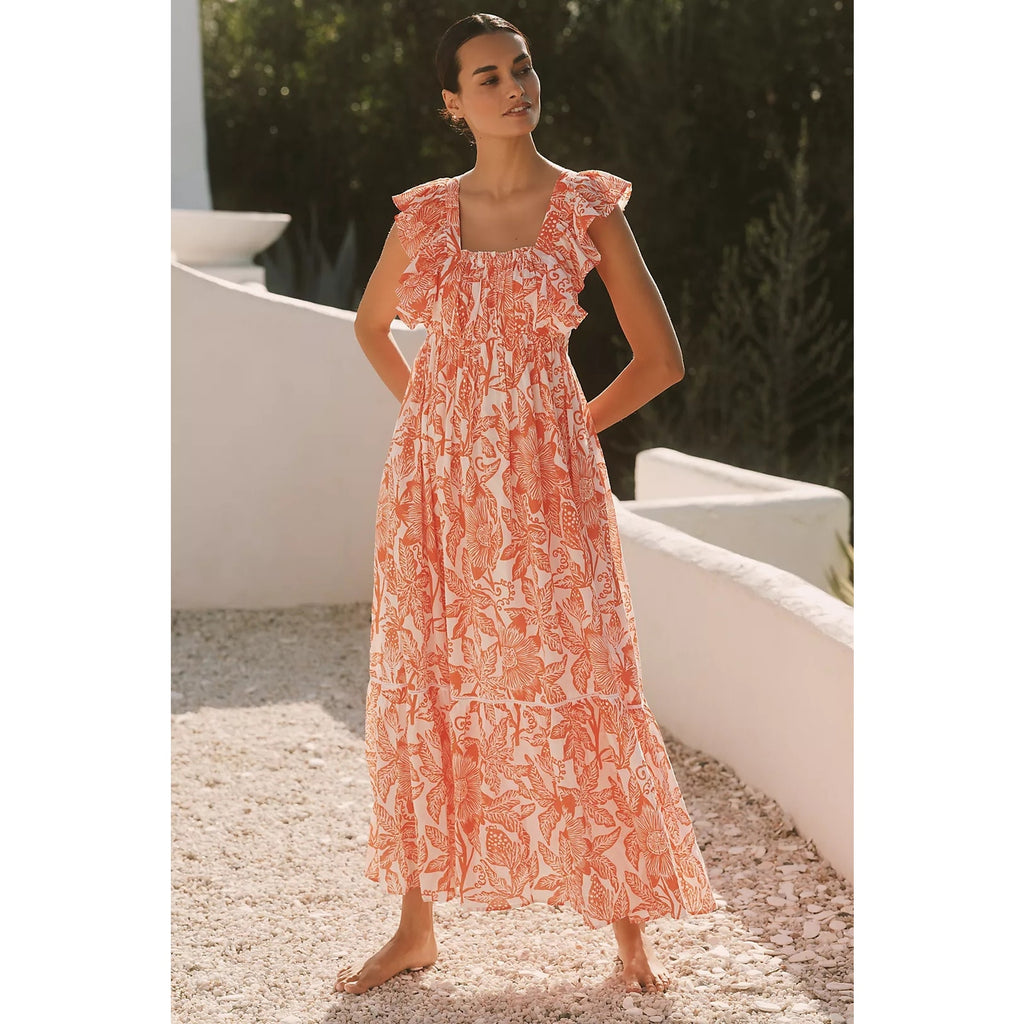 ANTHROPOLOGIE Ro's Garden Cotton Flutter-Sleeve Midi Dress Sz M Orange Anthropologie
