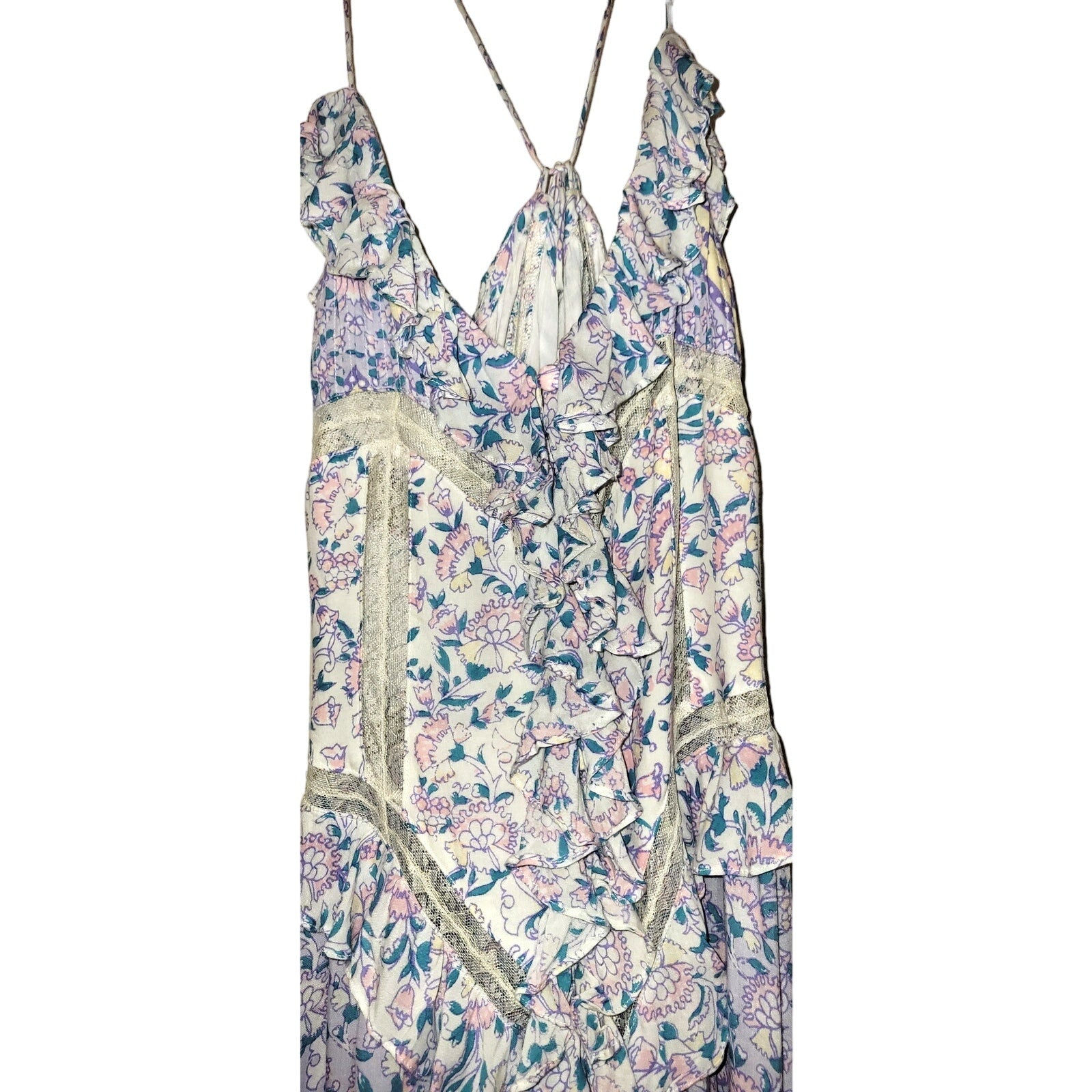 Free People Canyon Moon Maxi Top X-SMALL Boho Floral Lace Ruffled Free People