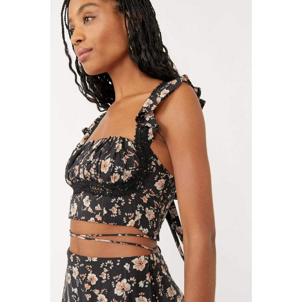 Free People Bijou Smocked Top and Maxi Skirt Set Sz 4 Black Floral Boho Free People