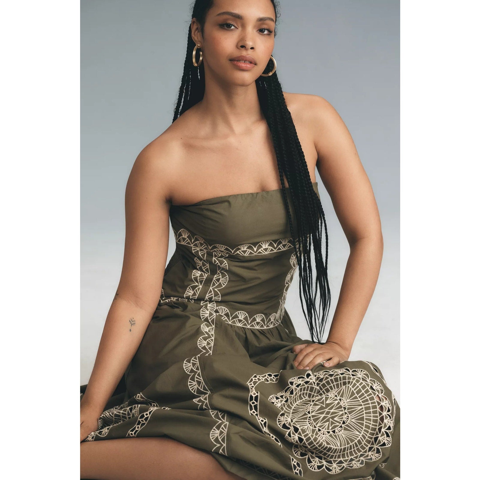 Anthropologie Strapless Drop-Waist Embroidered Midi Dress Large Olive Anthropologie