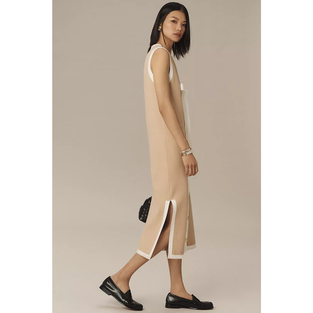 Sleeveless knit midi dress with bow at front and contrast trim; side slit hem
