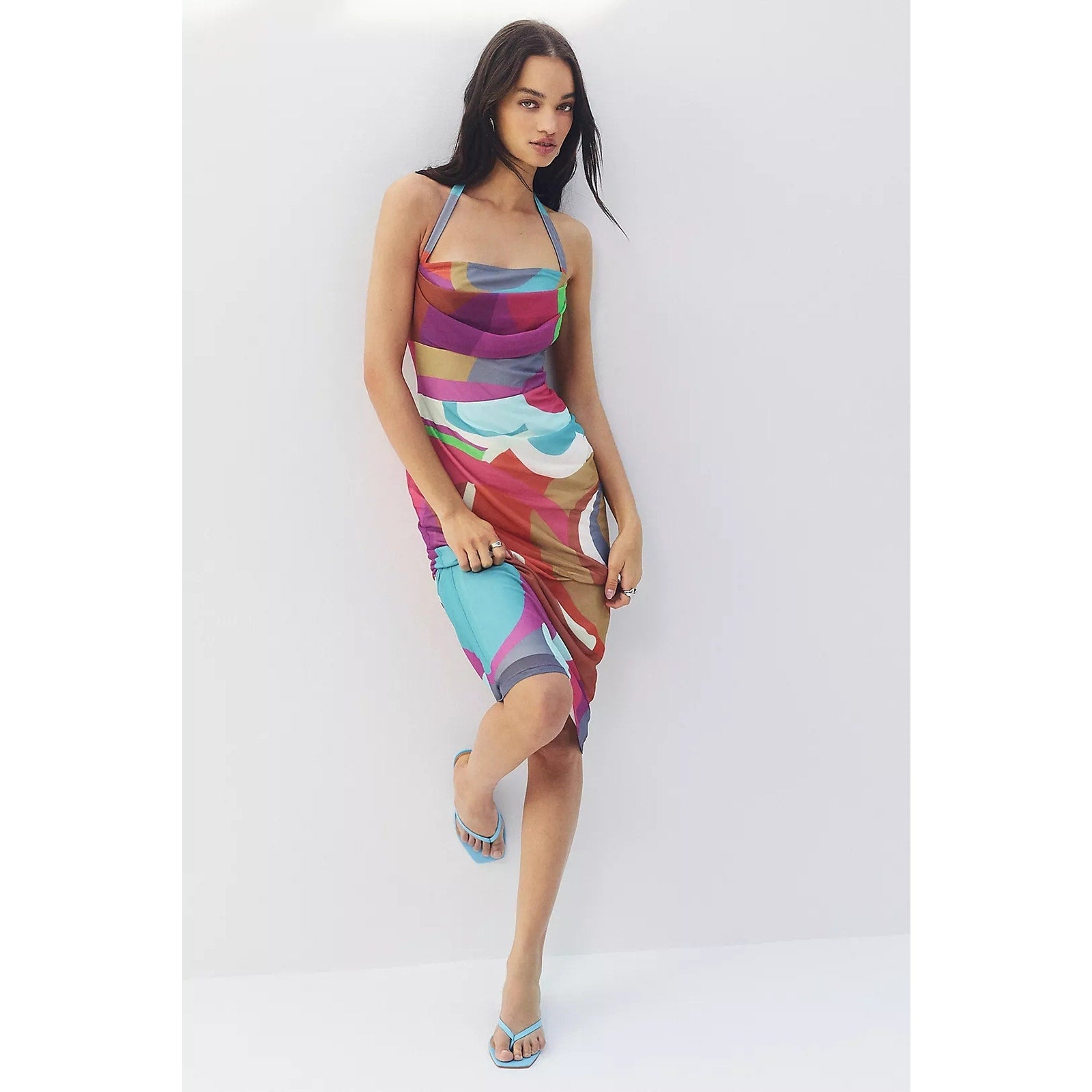 By Anthropologie Square-Neck Halter Midi Dress LARGE PETITE Pink Anthropologie