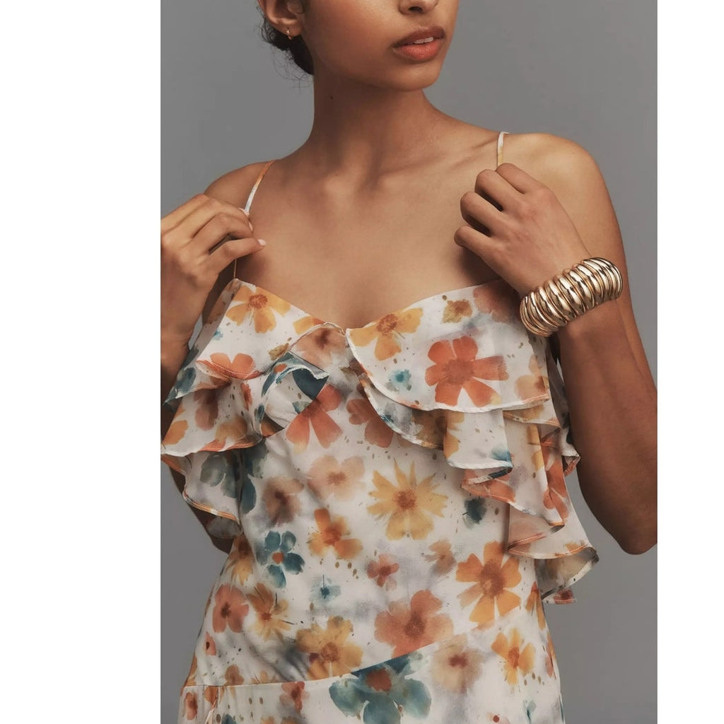 New By Anthropologie Sleeveless Asymmetric Ruffled Midi Dress $168 XS Floral