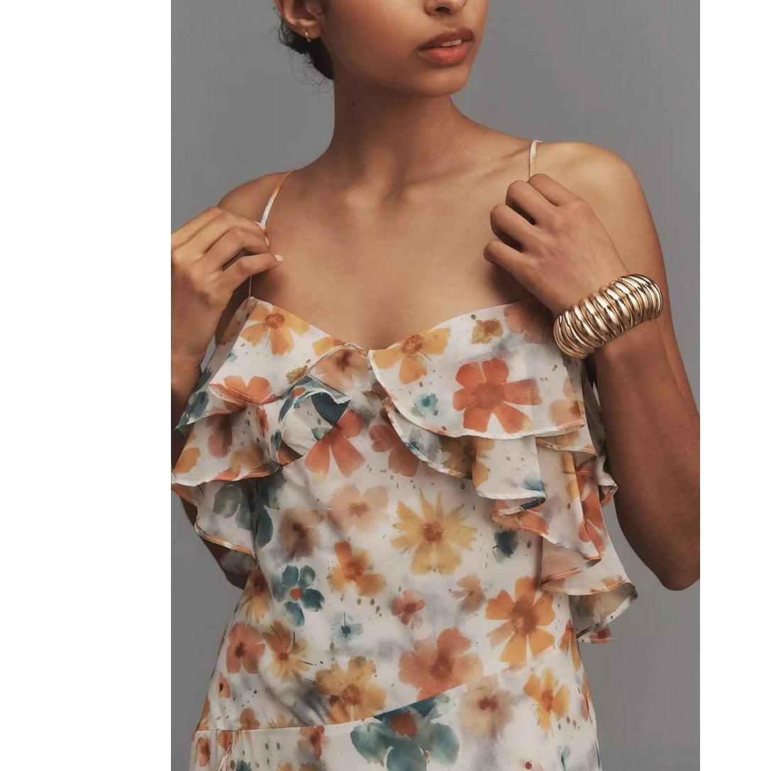 New By Anthropologie Sleeveless Asymmetric Ruffled Midi Dress $168 XS Floral