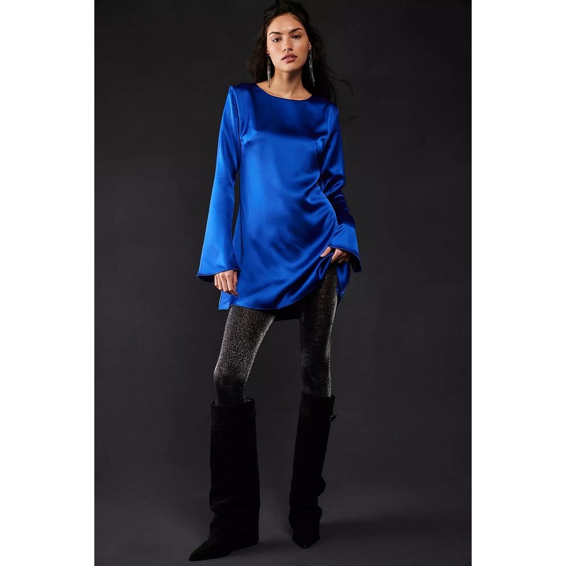 Free People DELFI Amber Mini Shift Dress $368 SMALL Colbalt Blue Long Sleeve