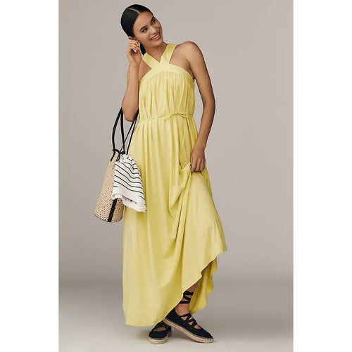Lemon yellow halter maxi dress with gathered bodice and tiered skirt