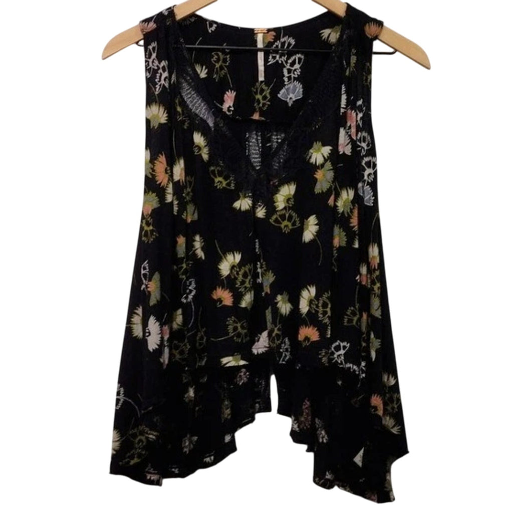 New Free People Love Potion Floral Tank Top $88 SMALL Black V-neck Eyelash Lace
