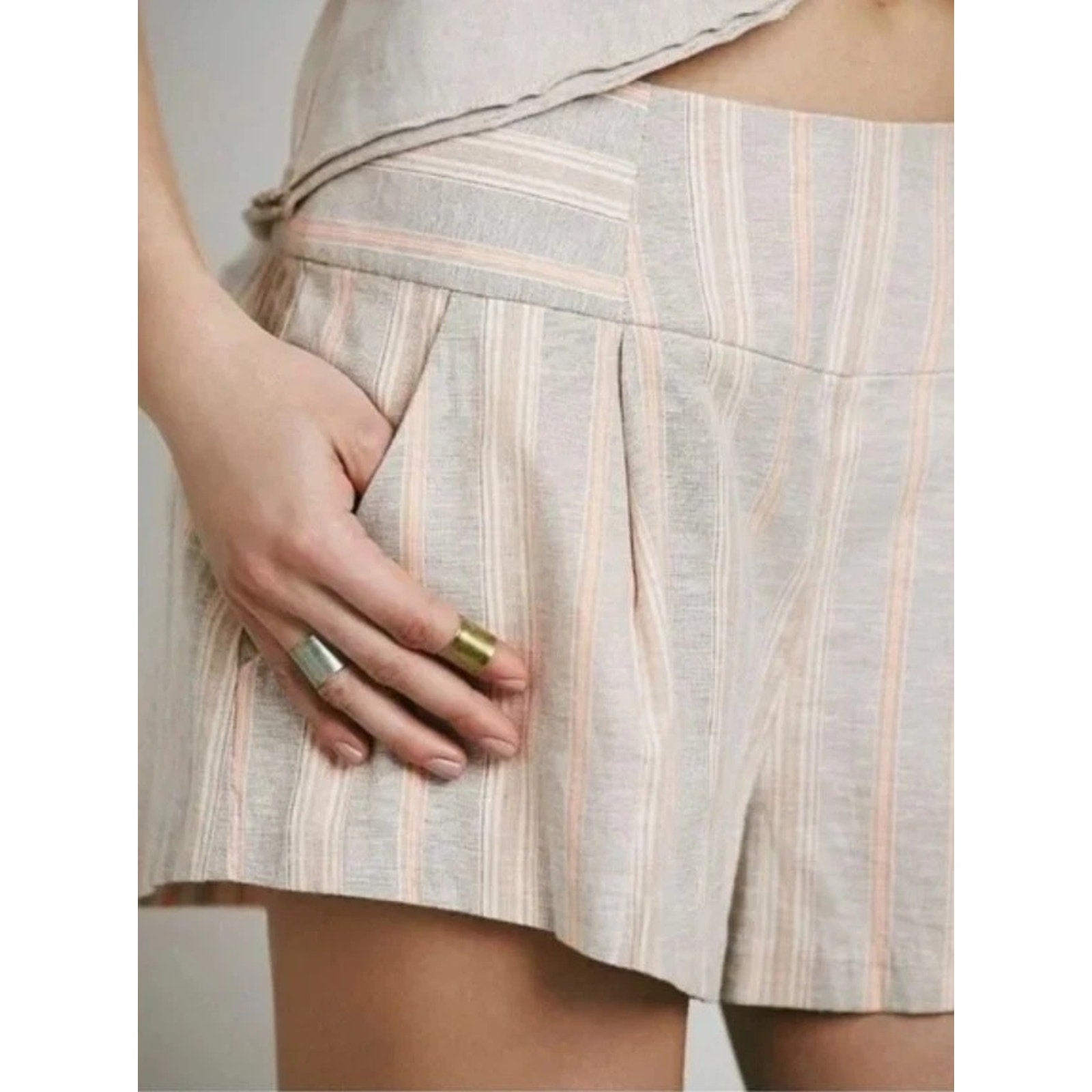 New Free People Austin Striped Linen Blend Shorts $88 Size Small Orange Coral