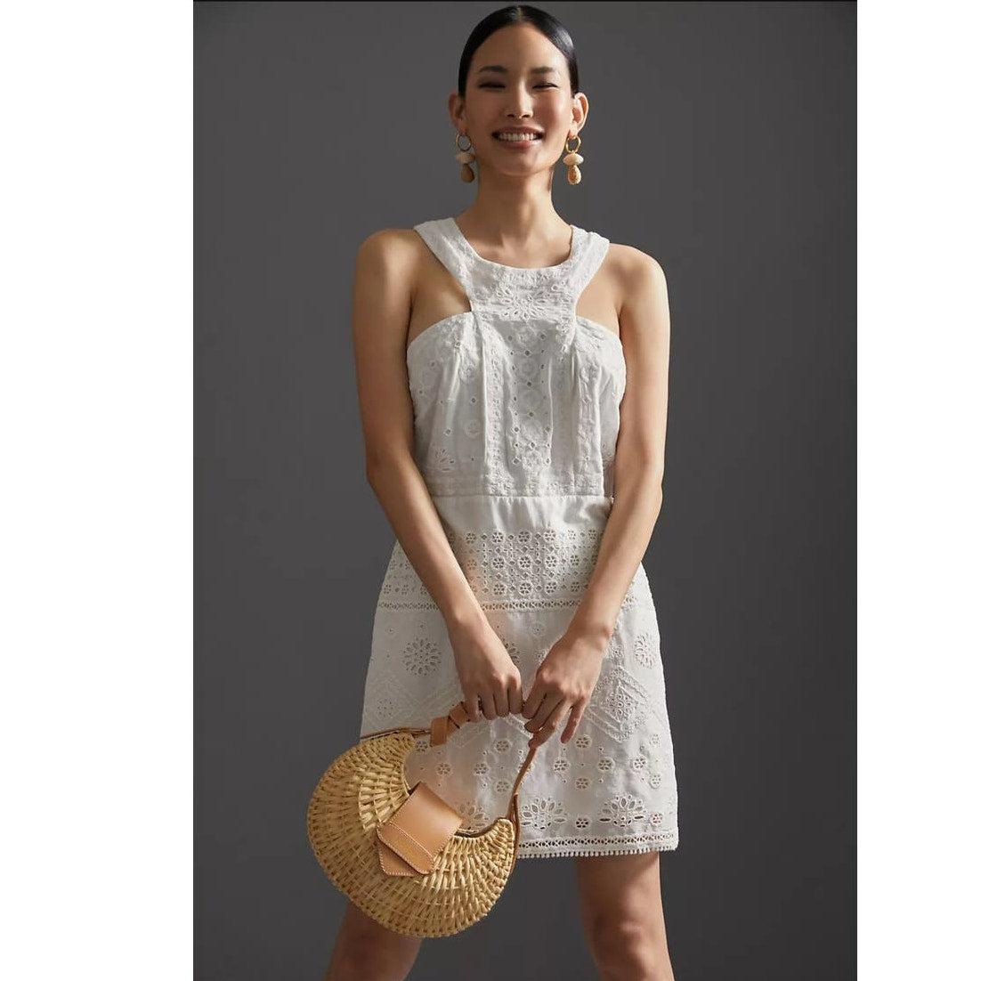 New Anthropologie Maeve Eyelet Halter Mini Dress $270 SIZE 2 White Cotton
