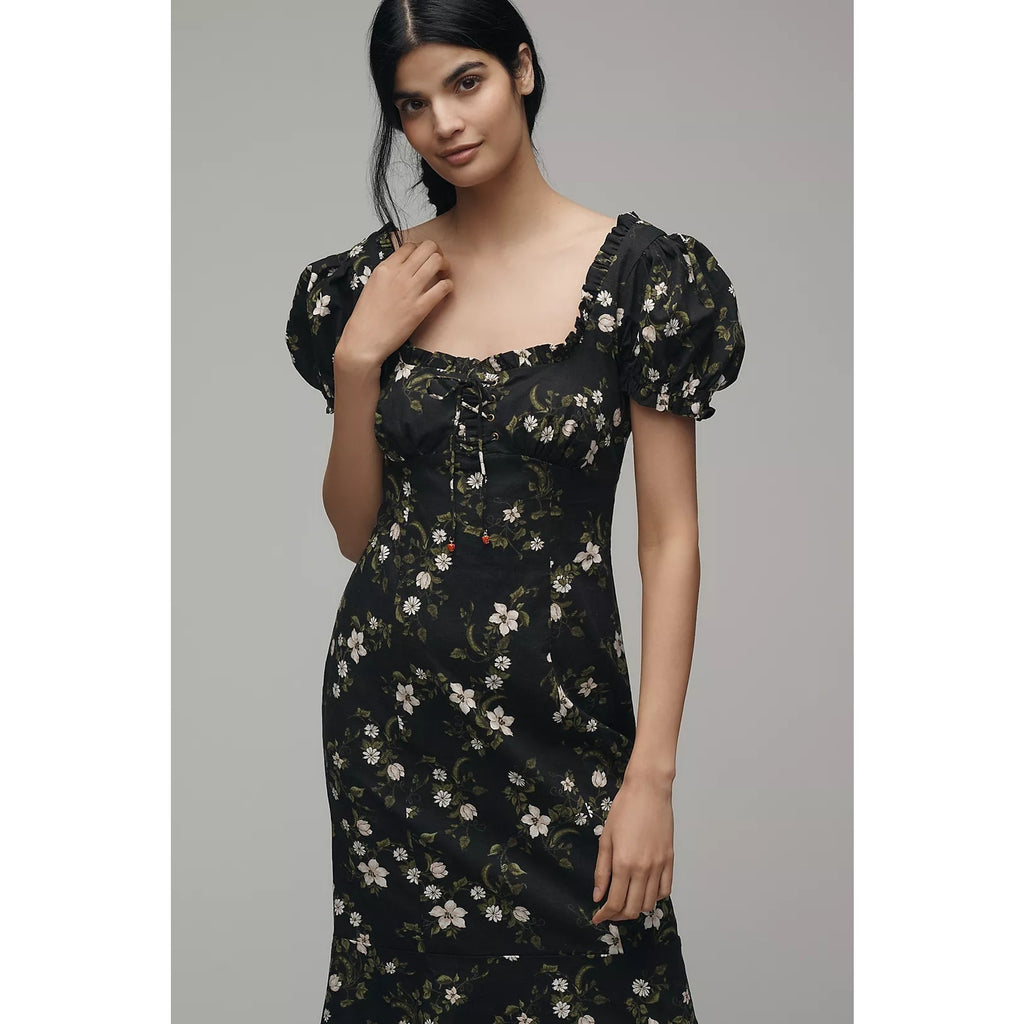 Anthropologie Maeve Linen Blend Puff-Sleeve Sweetheart Midi Dress SMALL Anthropologie