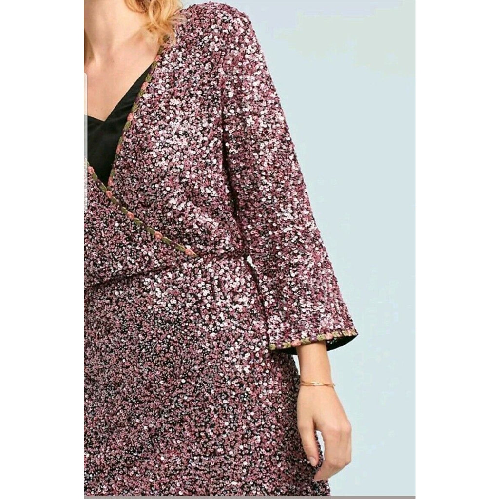 New Anthropologie Sequined Wrap Mini Dress by Varun Bahl $348 Size 2 Purple