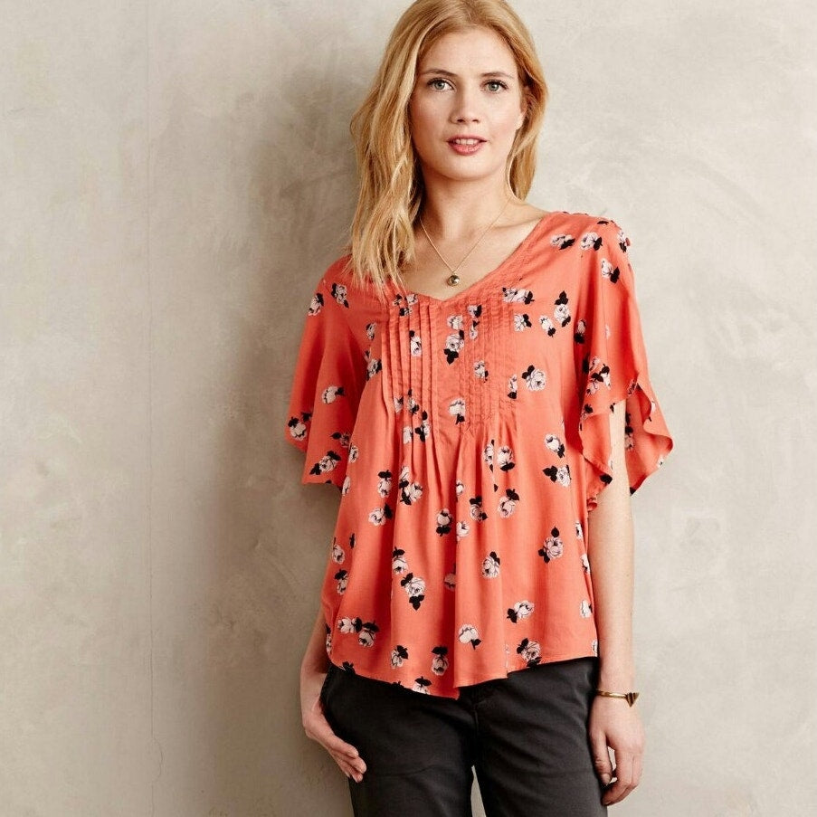 NEW Anthropologie Maeve Women's Orange Fluttered Maya Blouse Size 6