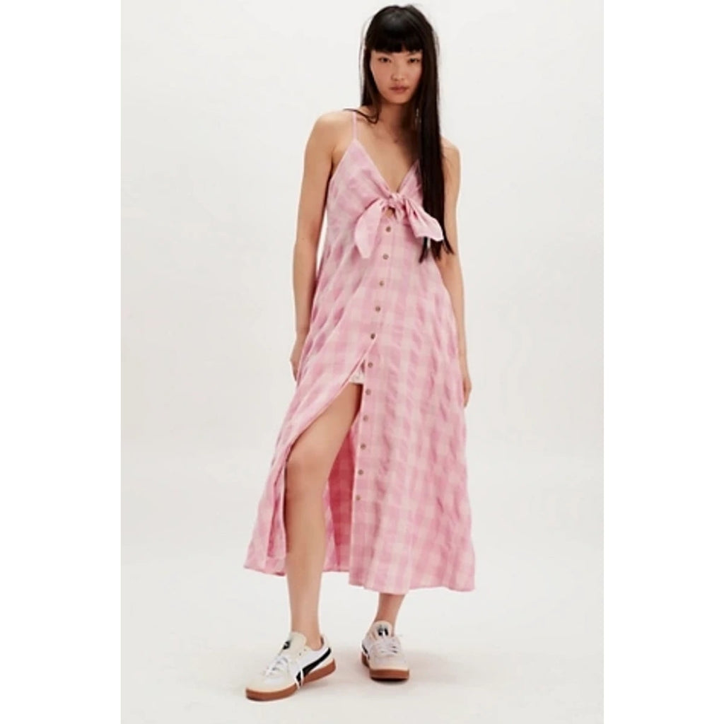 FREE PEOPLE Via Midi Dress SMALL Blush Combo/Pink FRONT TIE Free People